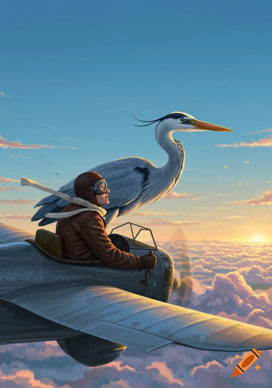 An illustrative image of a pilot in a biplane flying above clouds with a large heron perched on the wing at sunset.