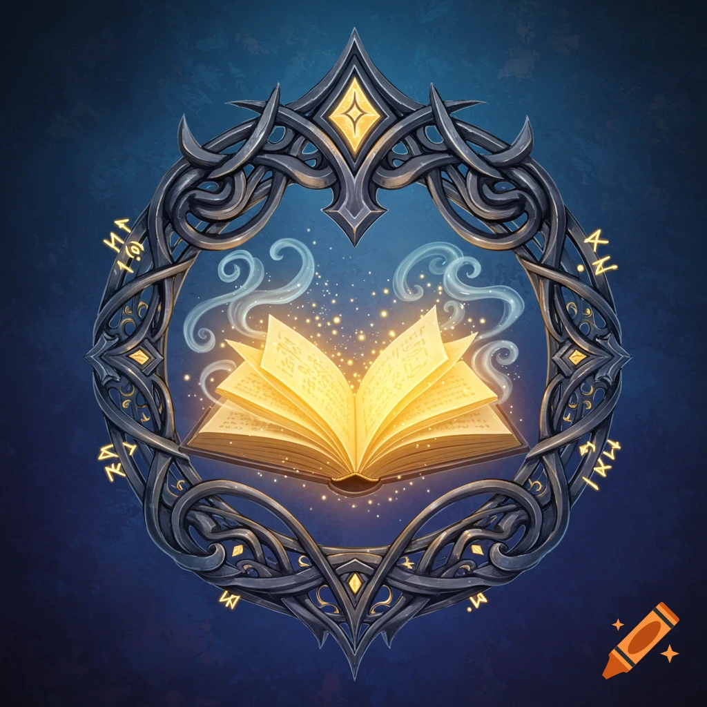 An illuminated open book with glowing pages at the center of an ornate, dark metal frame with gold accents and faint mystical symbols, set against a deep blue background.