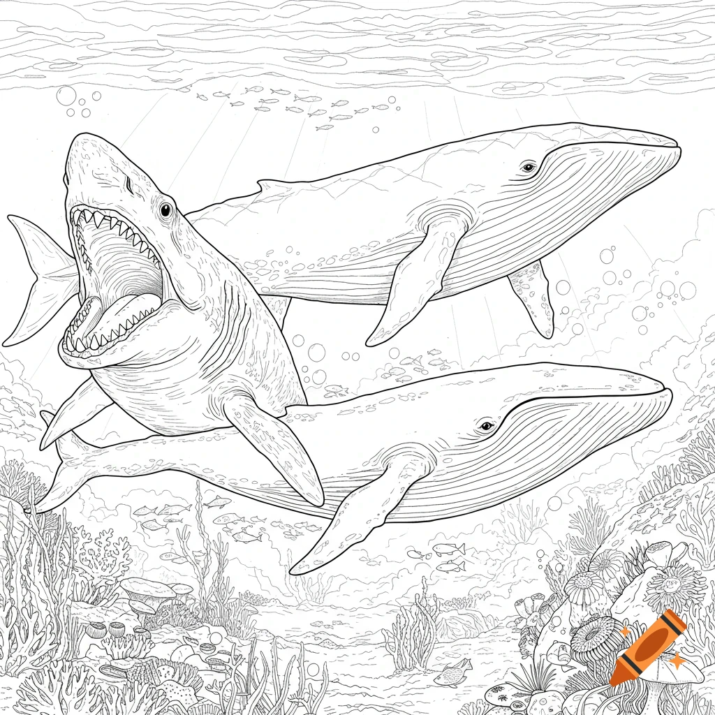 A line drawing of a large shark with an open mouth swimming alongside two whales in an underwater scene with coral and small fish.