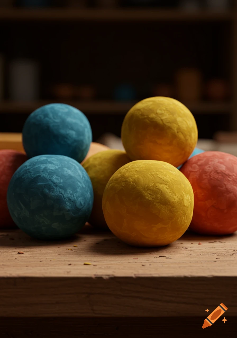 A close-up, photorealistic image of blue, yellow, and red clay balls on a wooden surface with a dark, cozy background.