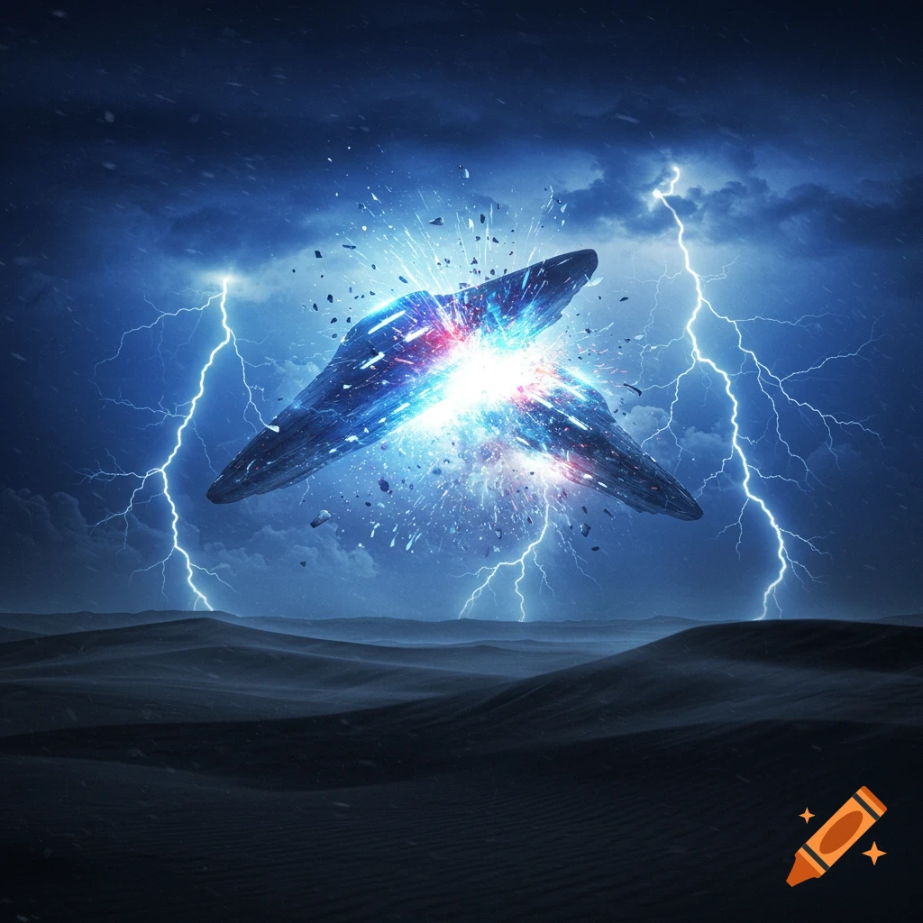 Two futuristic spacecraft crash with a bright explosion in a lightning storm over a dark desert.