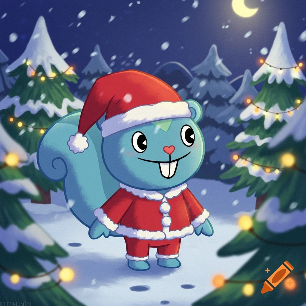 A light blue cartoon squirrel in a Santa hat and suit stands smiling in a snowy forest at night with Christmas trees.