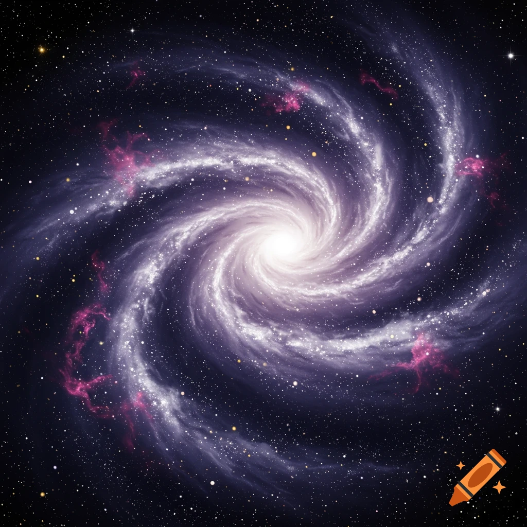 A vibrant spiral galaxy with purple and white swirling gas and numerous stars against a dark background.
