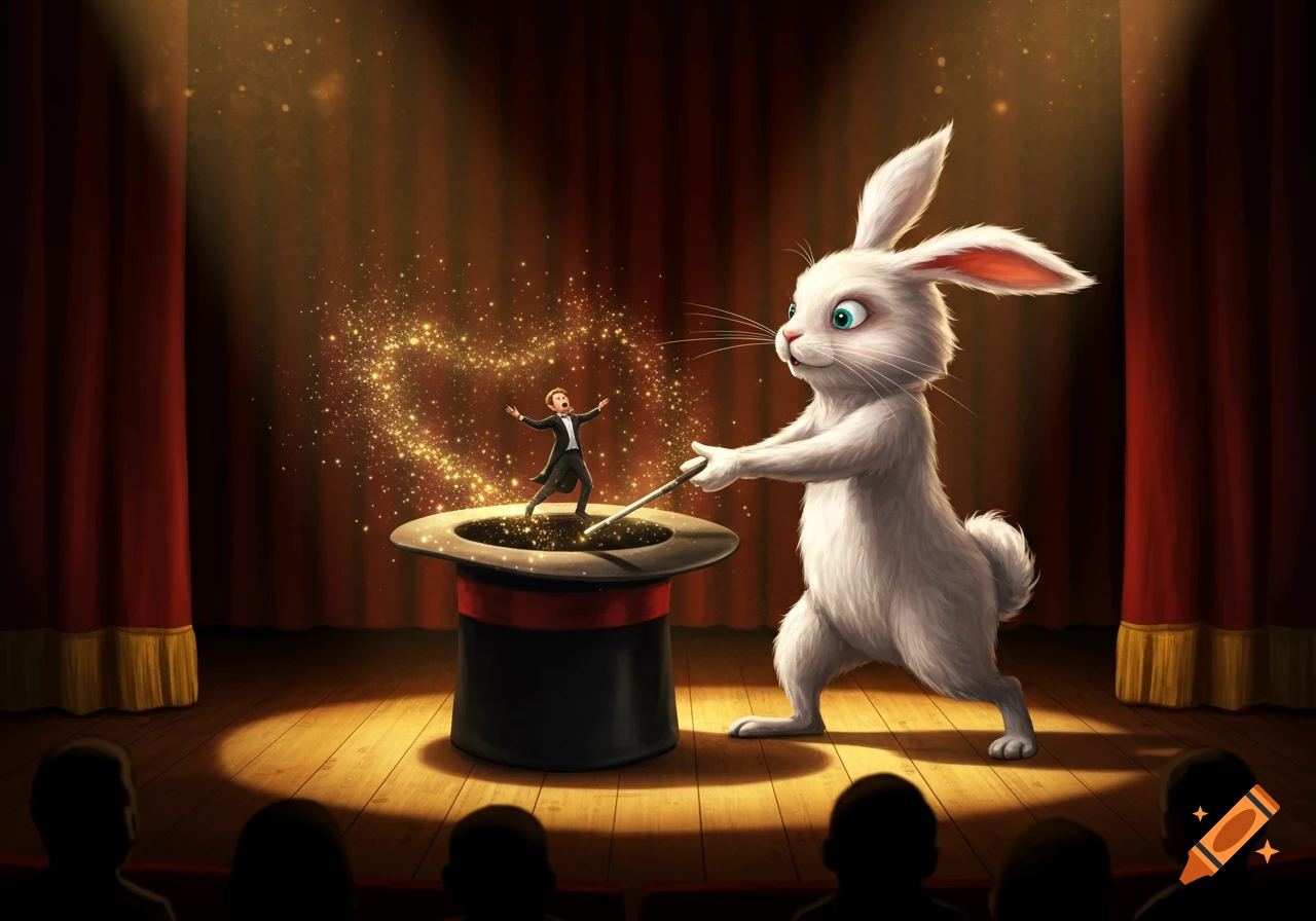 A large white rabbit pulls a tiny magician from a top hat with a magic wand on a dimly lit stage with red curtains and golden sparkles.