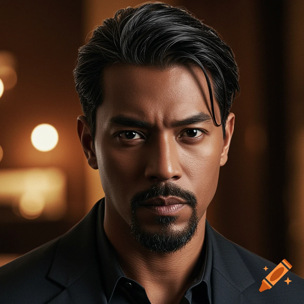 A close-up photorealistic portrait of a man with tanned skin, black slicked-back hair, and a triangular goatee.