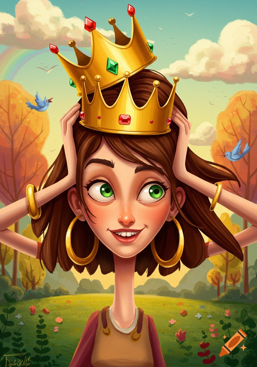 A vibrant cartoon illustration of a smiling brunette woman with green eyes, wearing two stacked golden crowns, in a sunny outdoor field with a rainbow.
