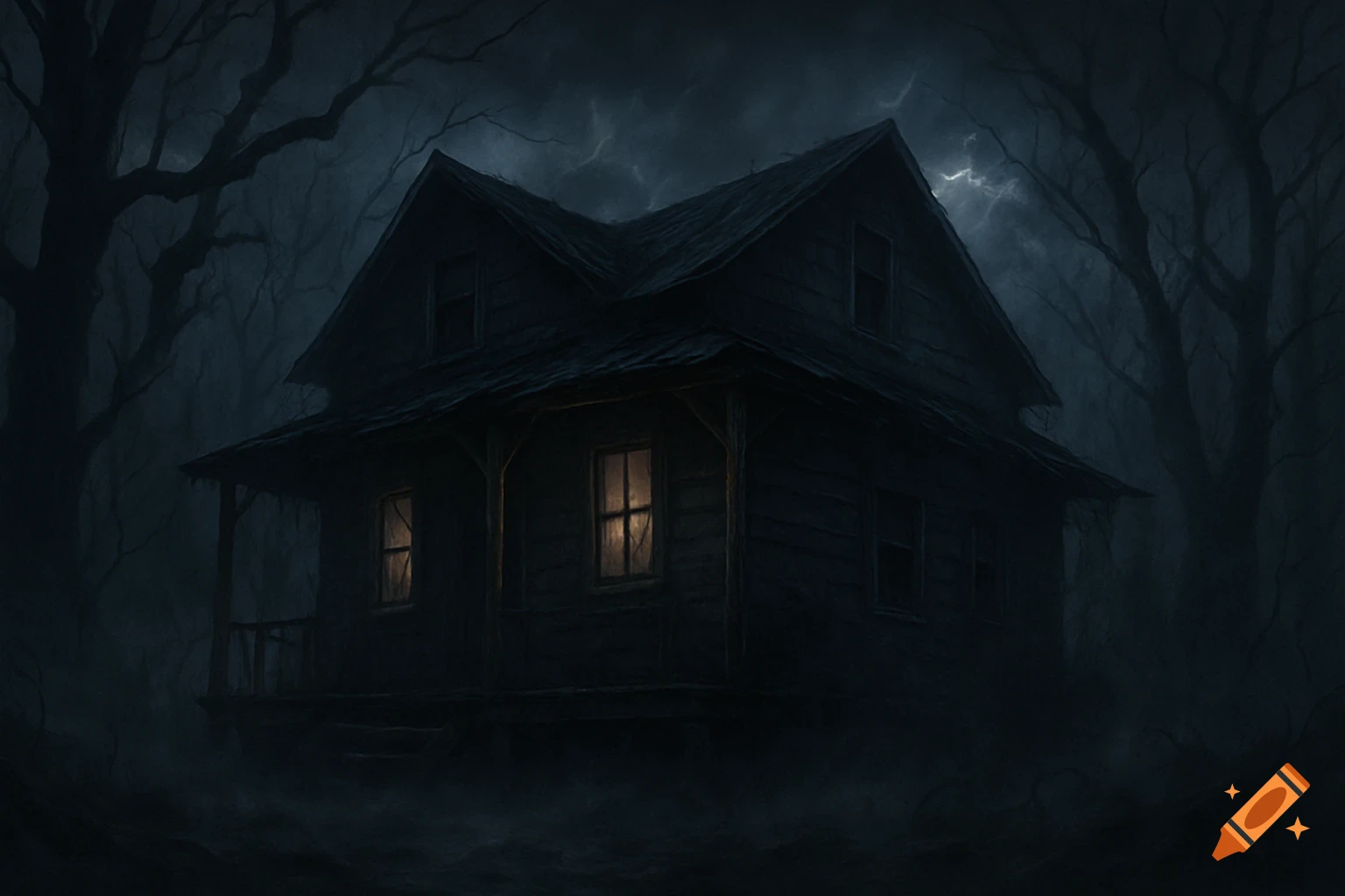 A dark, rundown house with glowing windows stands in a spooky, misty forest at night with lightning.