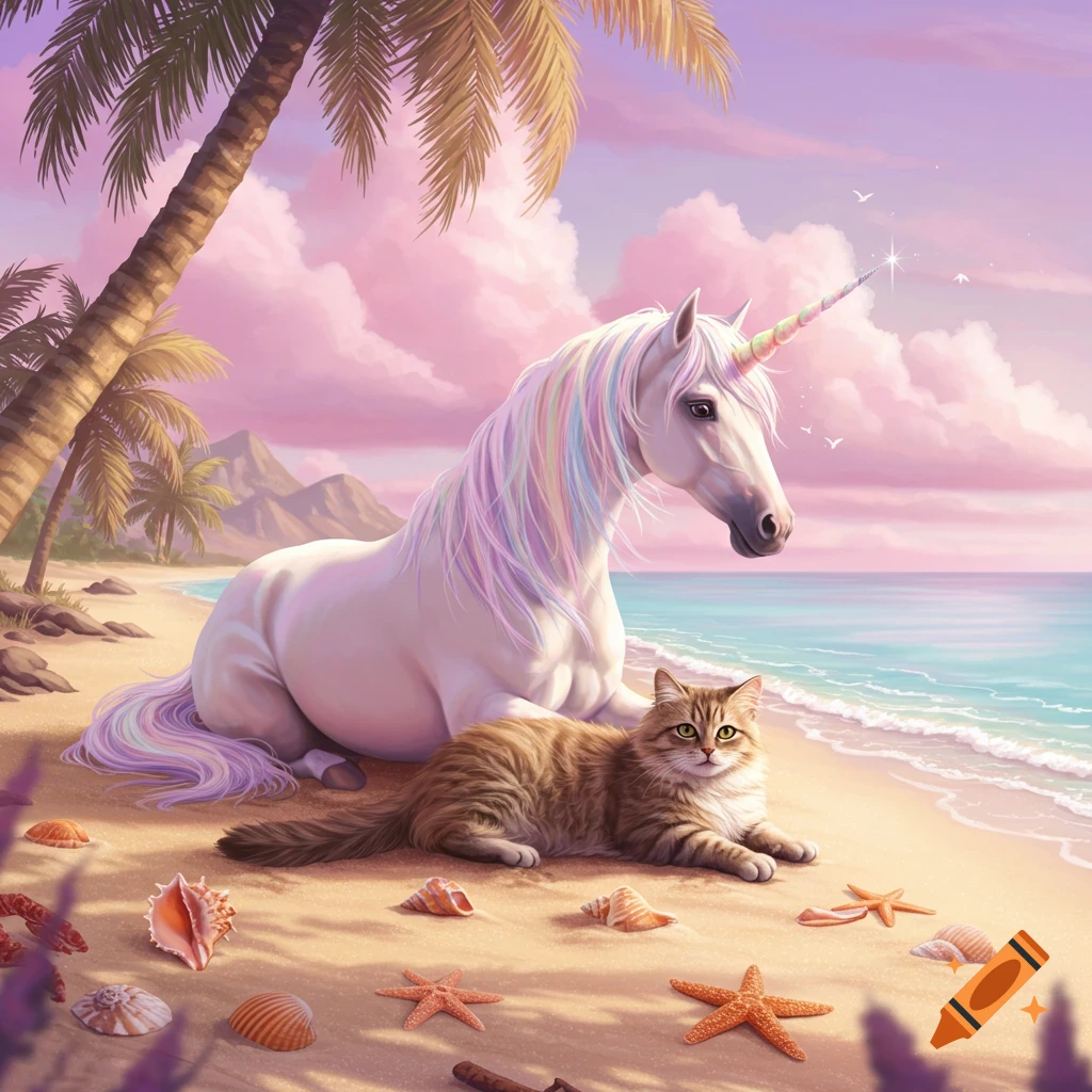 A fluffy brown cat and a white unicorn with a rainbow mane sit on a sunny tropical beach under a pink and purple sky.