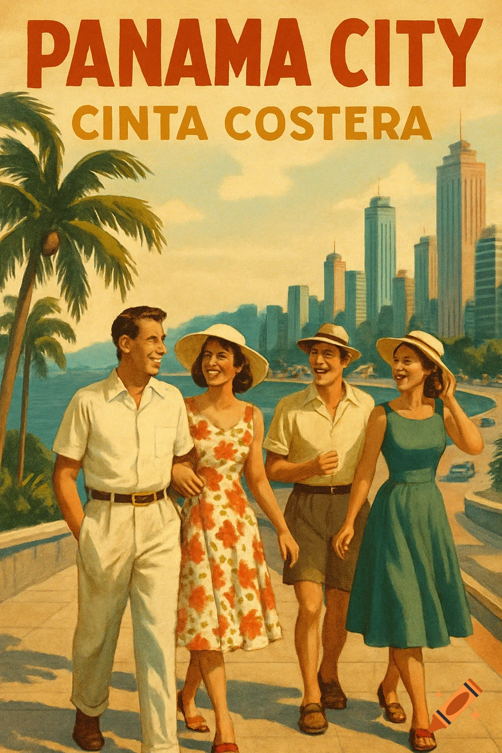 Vintage travel poster illustration of four smiling people walking along a waterfront promenade with palm trees and a city skyline in the background, text reads "PANAMA CITY CINTA COSTERA".