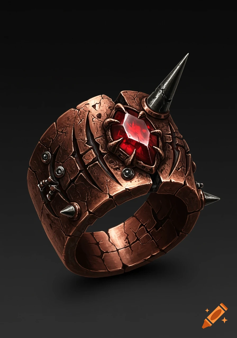 A brutal copper ring with cracked textures, a red gemstone, and a steel spike, in a dark concept art style.