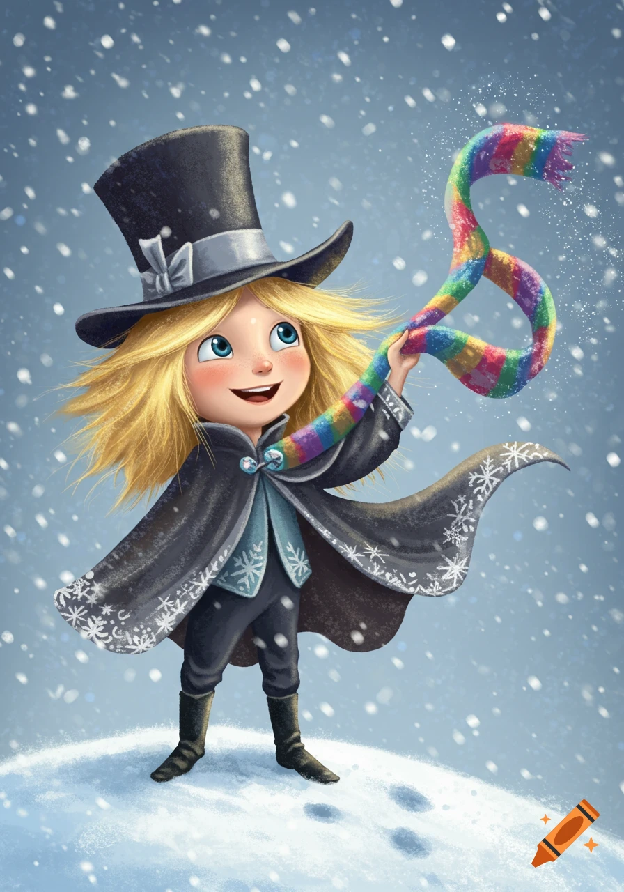 An illustration of a smiling child with blonde hair, a top hat, and a snowflake-decorated cape, holding a rainbow scarf in a snowy winter scene.