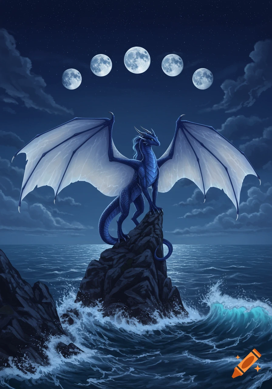 A navy blue dragon with large pale blue wings stands atop a rocky outcrop in a dark, moonlit ocean. Five full moons glow in the night sky with clouds and stars visible.