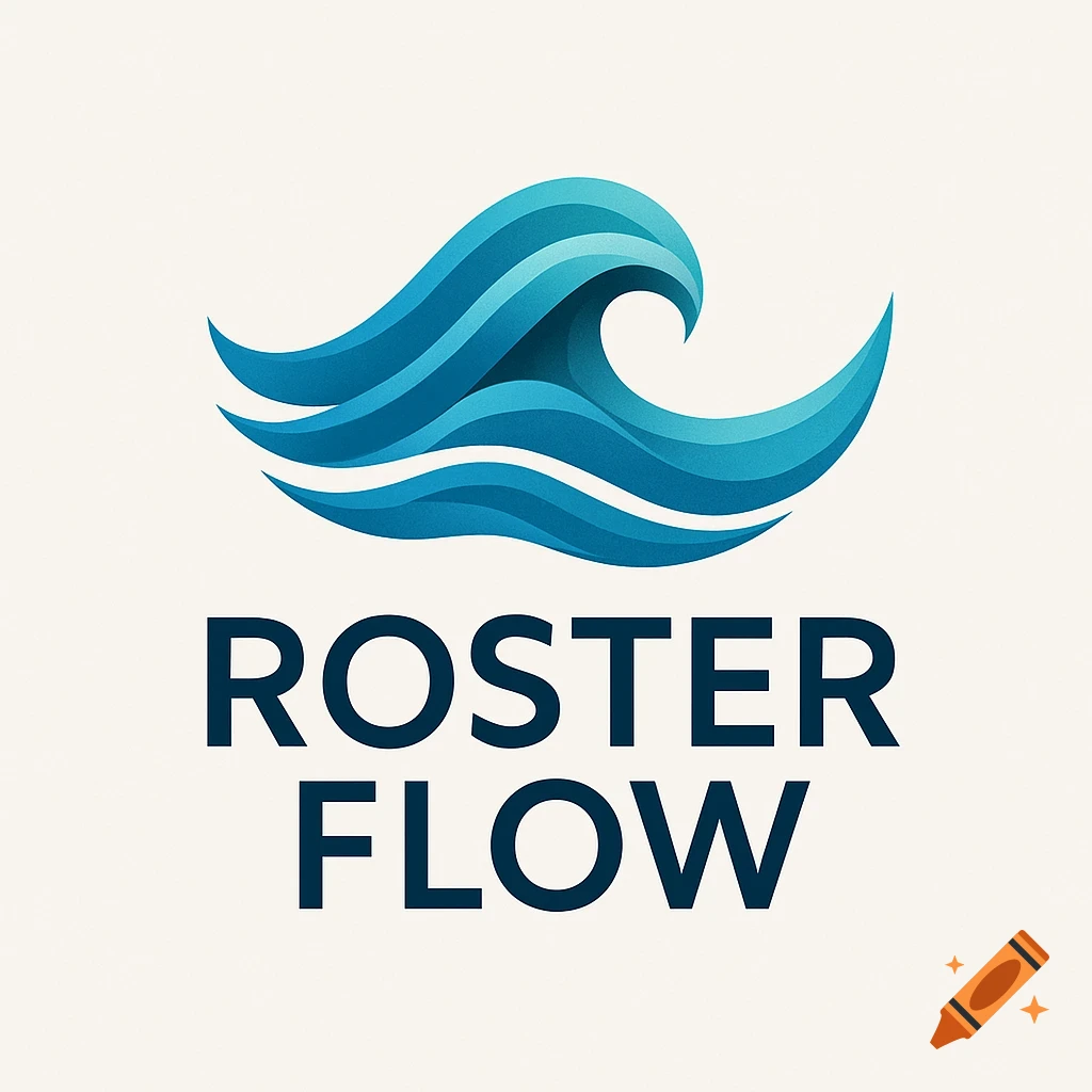 A logo with stylized blue waves above the words ROSTER FLOW.