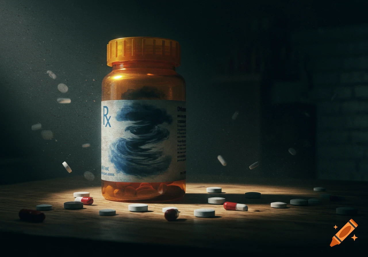 A close-up, dimly lit photo of an orange pill bottle and scattered pills on a wooden surface, with a dramatic, symbolic label.