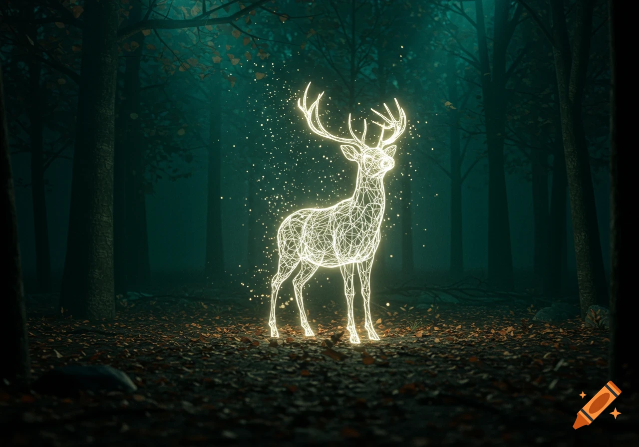 A glowing wireframe deer stands in a dark, misty forest with autumn leaves.