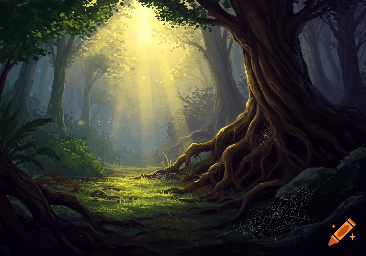 Sunlight streams through the canopy of a mystical forest, illuminating a mossy path and ancient tree roots with spiderwebs.