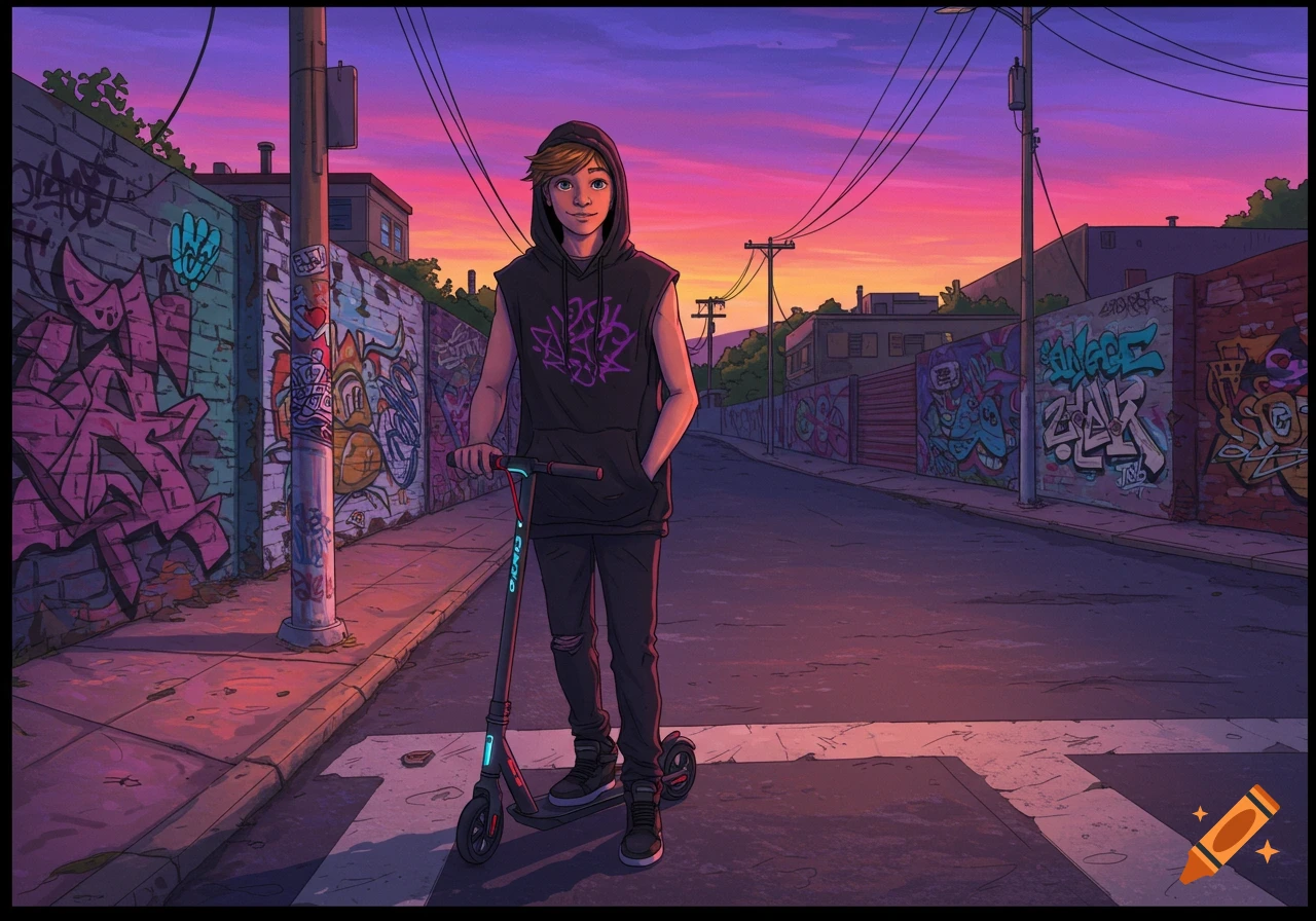 A cartoon illustration of a teen boy in a sleeveless hoodie standing with a scooter on an urban street lined with graffiti-covered walls at sunset.