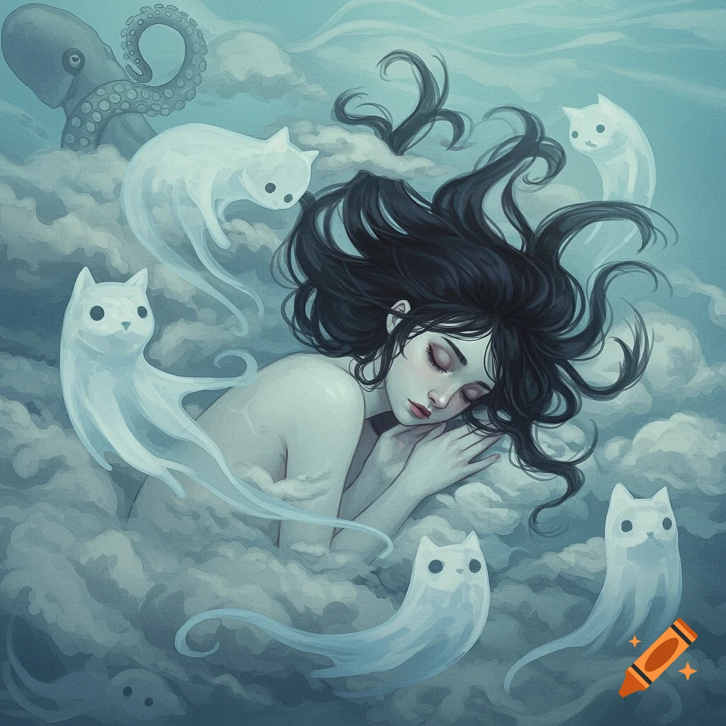 Expressionist art of a pale woman sleeping among spectral cat-shaped clouds and an octopus, in an ethereal blue dreamscape.