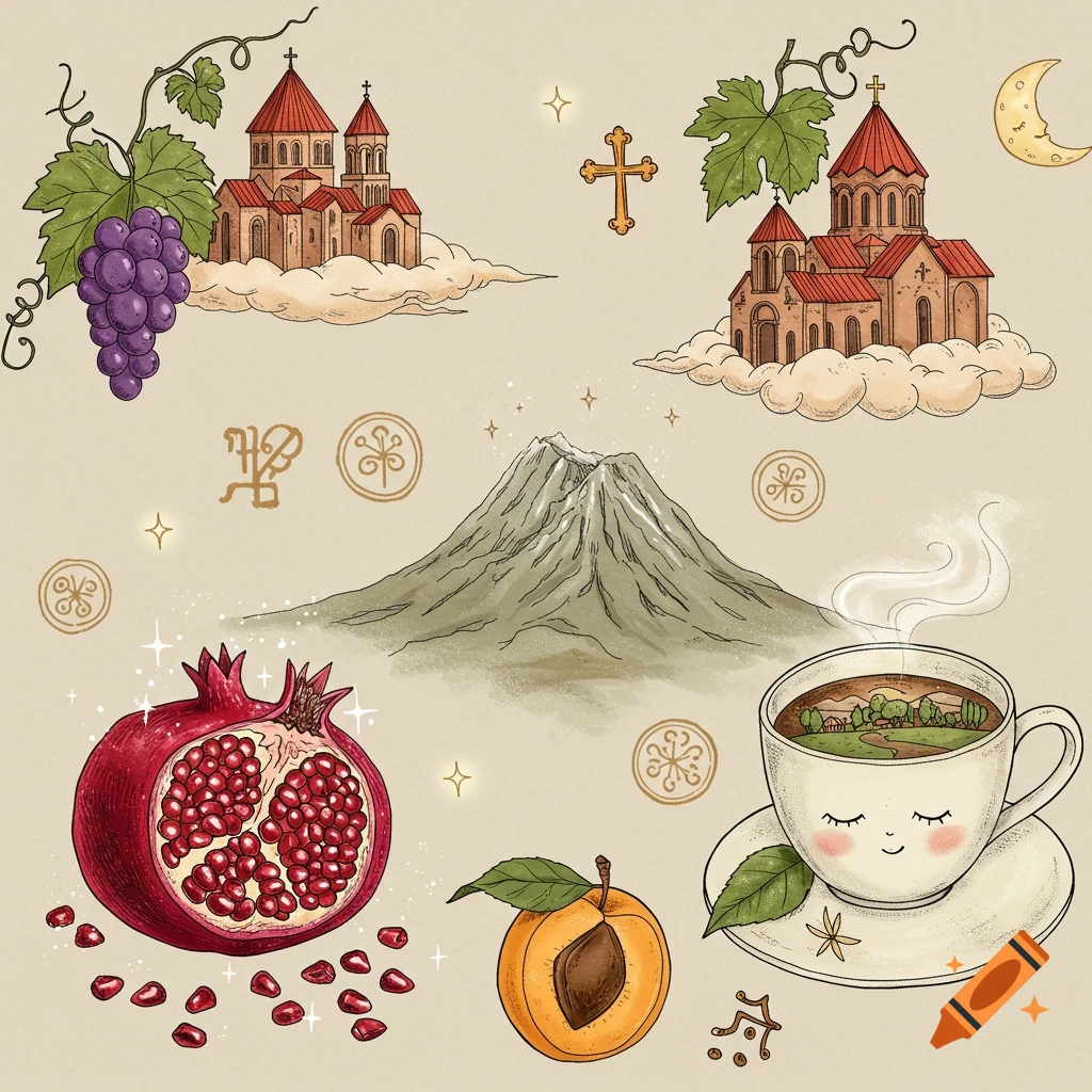 A collection of hand-drawn illustrations including churches on clouds, Mount Ararat, a pomegranate, grapes, an apricot, and a smiling teacup with a landscape inside, all with a dreamy, soft-lined style.