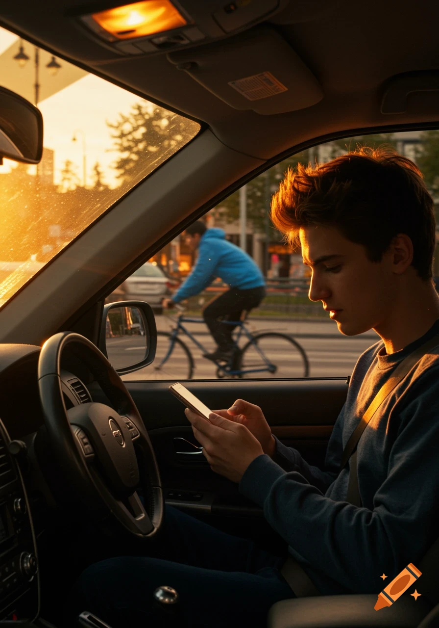 Young man in a car looking at his phone during sunset, with a cyclist passing outside.