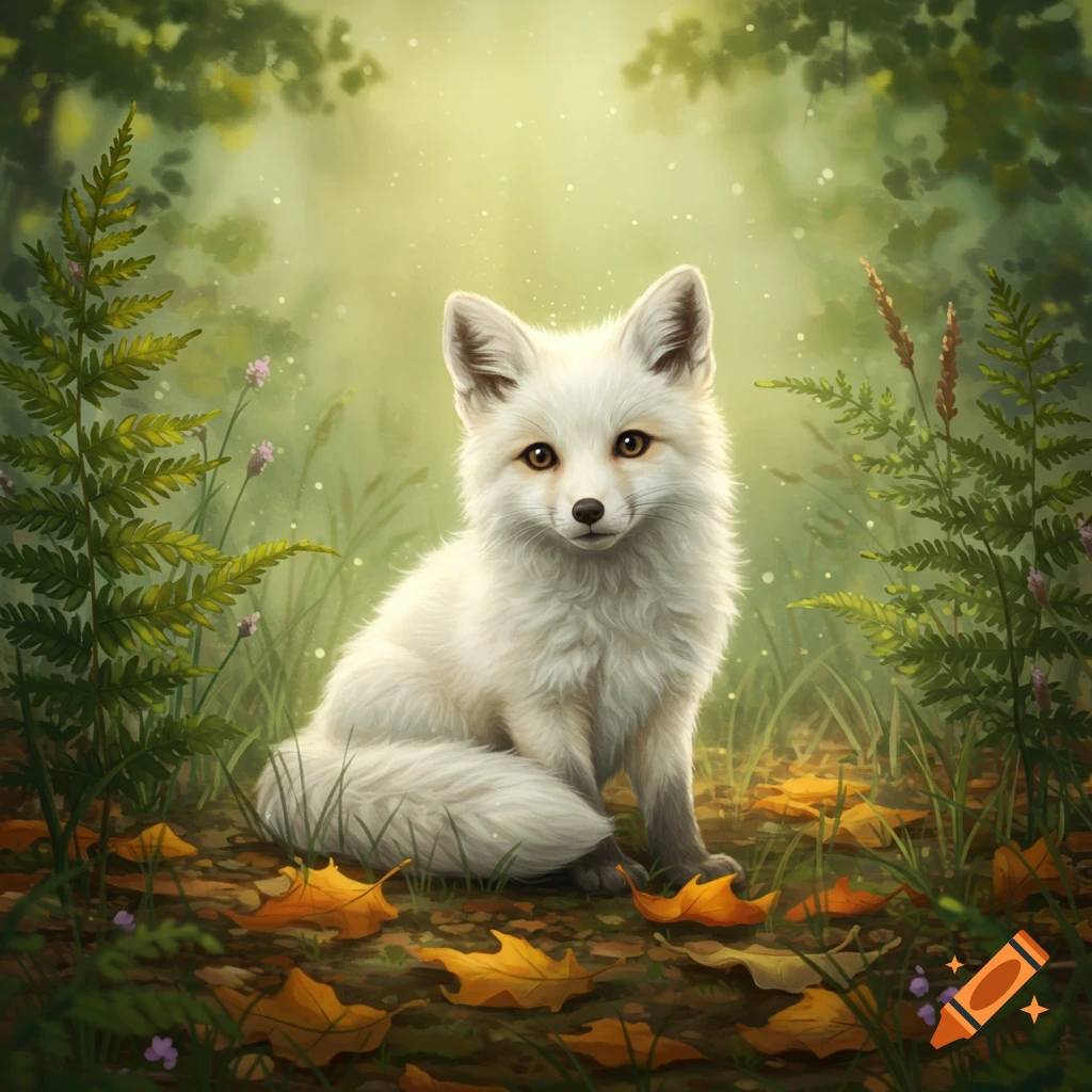A cute white fox sits among fallen autumn leaves in a sunlit forest.