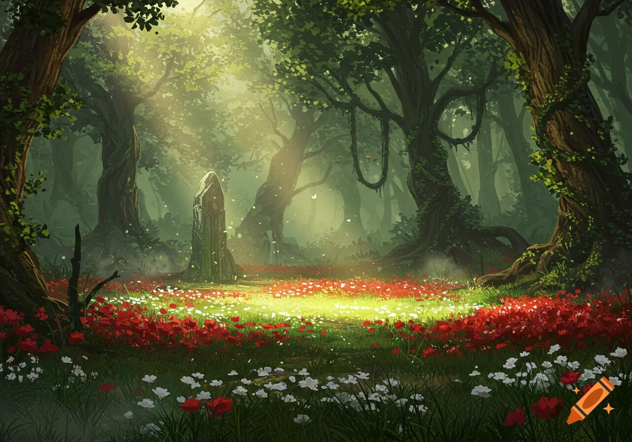 A sunlit sacred glade in a forest with a stone monolith and a field of red and white flowers.