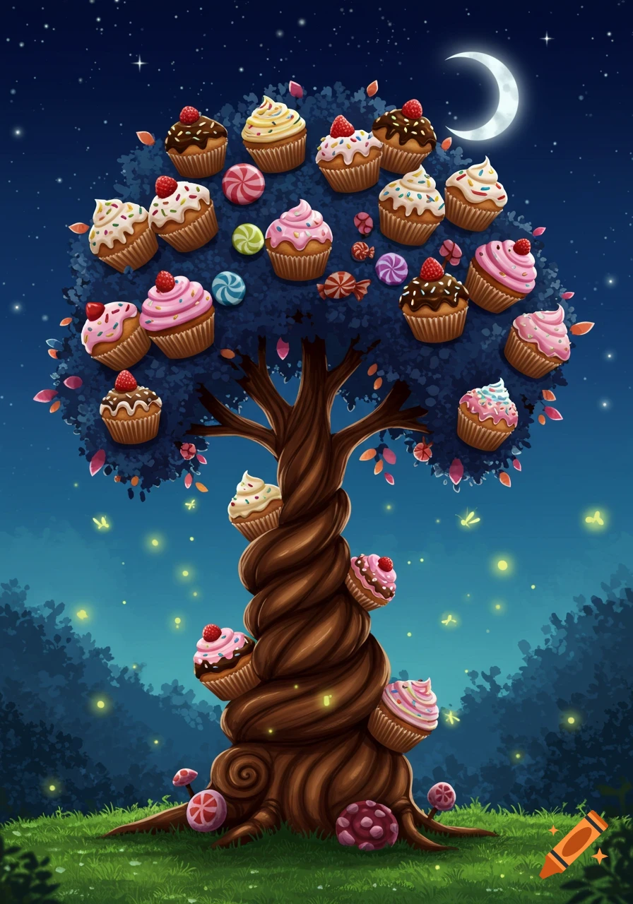 A whimsical cupcake tree with colorful cupcakes and candies under a starry night sky with a crescent moon and glowing fireflies.