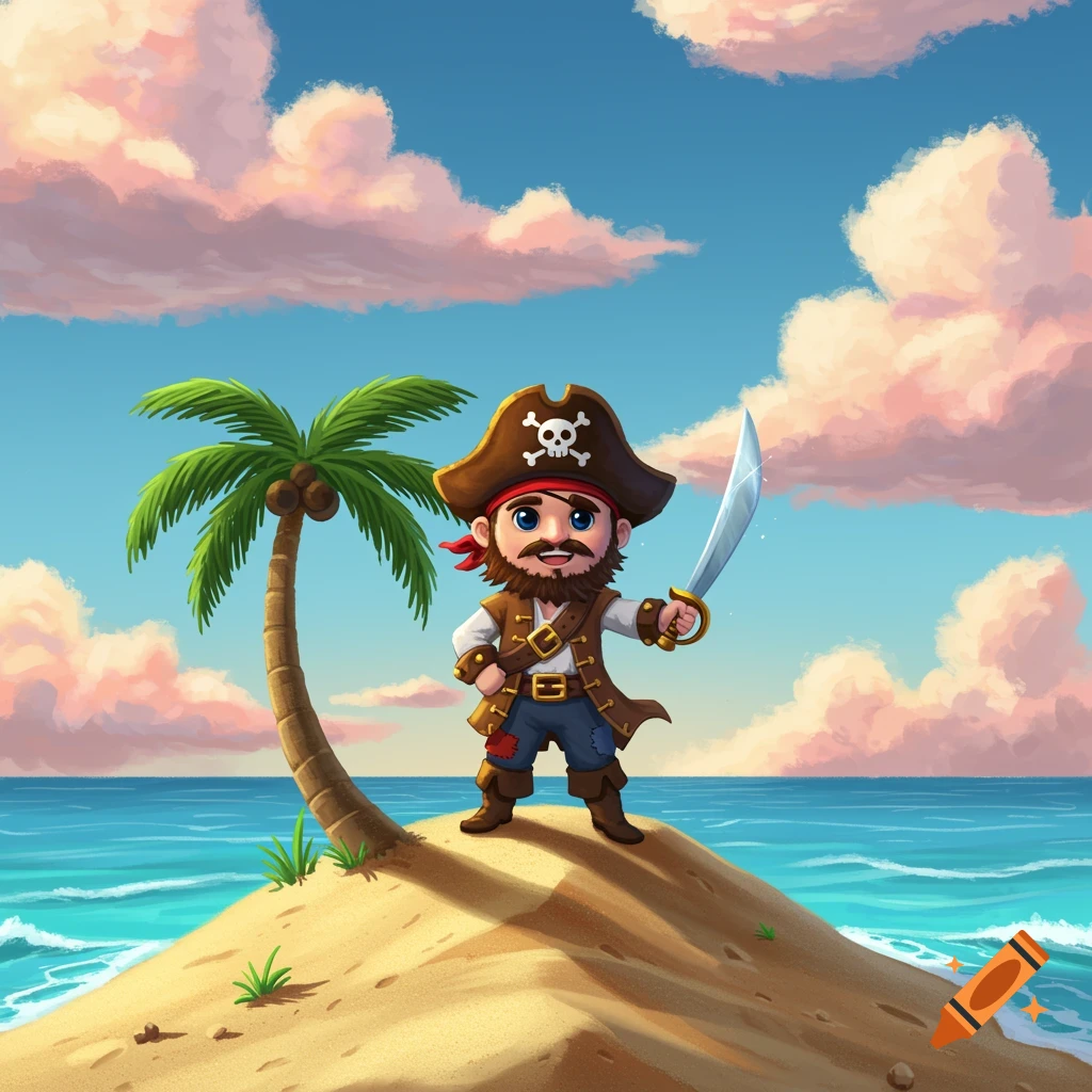 A cartoon pirate with a beard and eye patch stands on a small sandy island with a palm tree, holding a sword. The ocean and pink clouds fill the background.