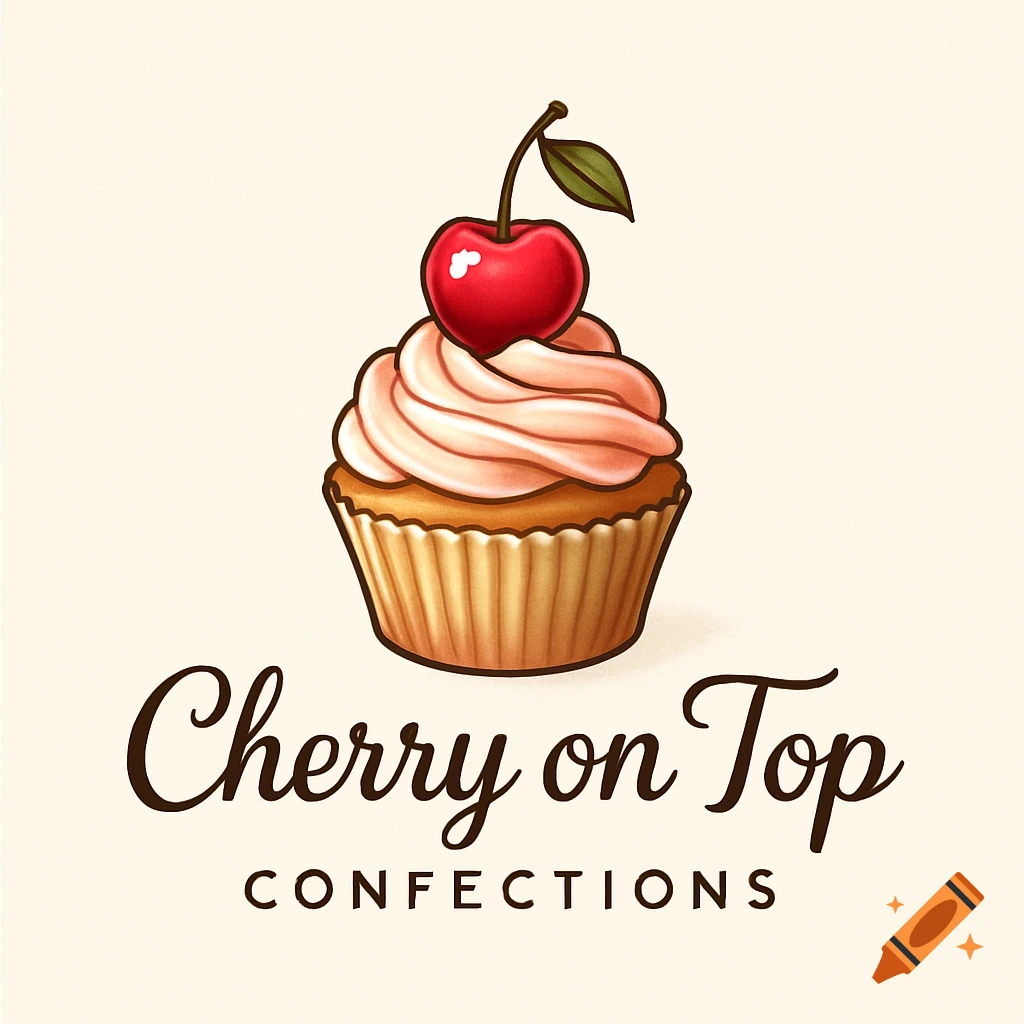 A stylized logo featuring a cupcake with pink frosting and a red cherry, with text 'Cherry on Top Confections'.