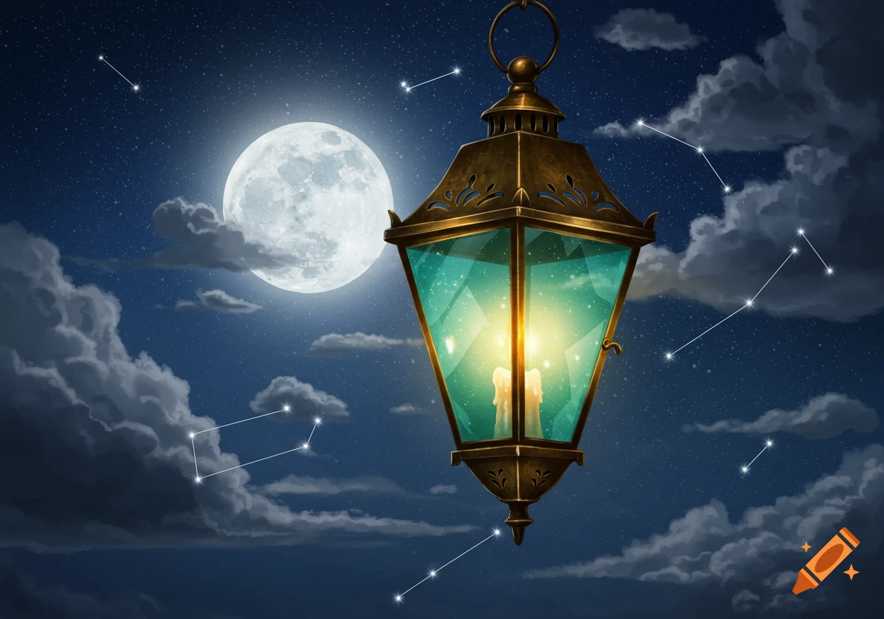 An antique lantern with a lit candle hangs in a dark night sky with a full moon, stars, and clouds.