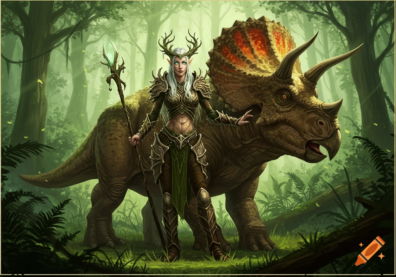 An elf druid woman with antlers and a staff stands next to a large triceratops in a lush green forest.