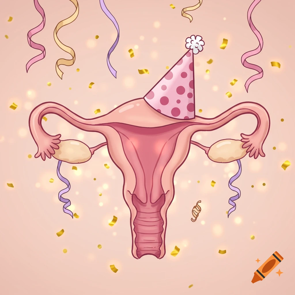 Cartoon illustration of a uterus wearing a pink polka-dot party hat, surrounded by golden confetti and streamers.