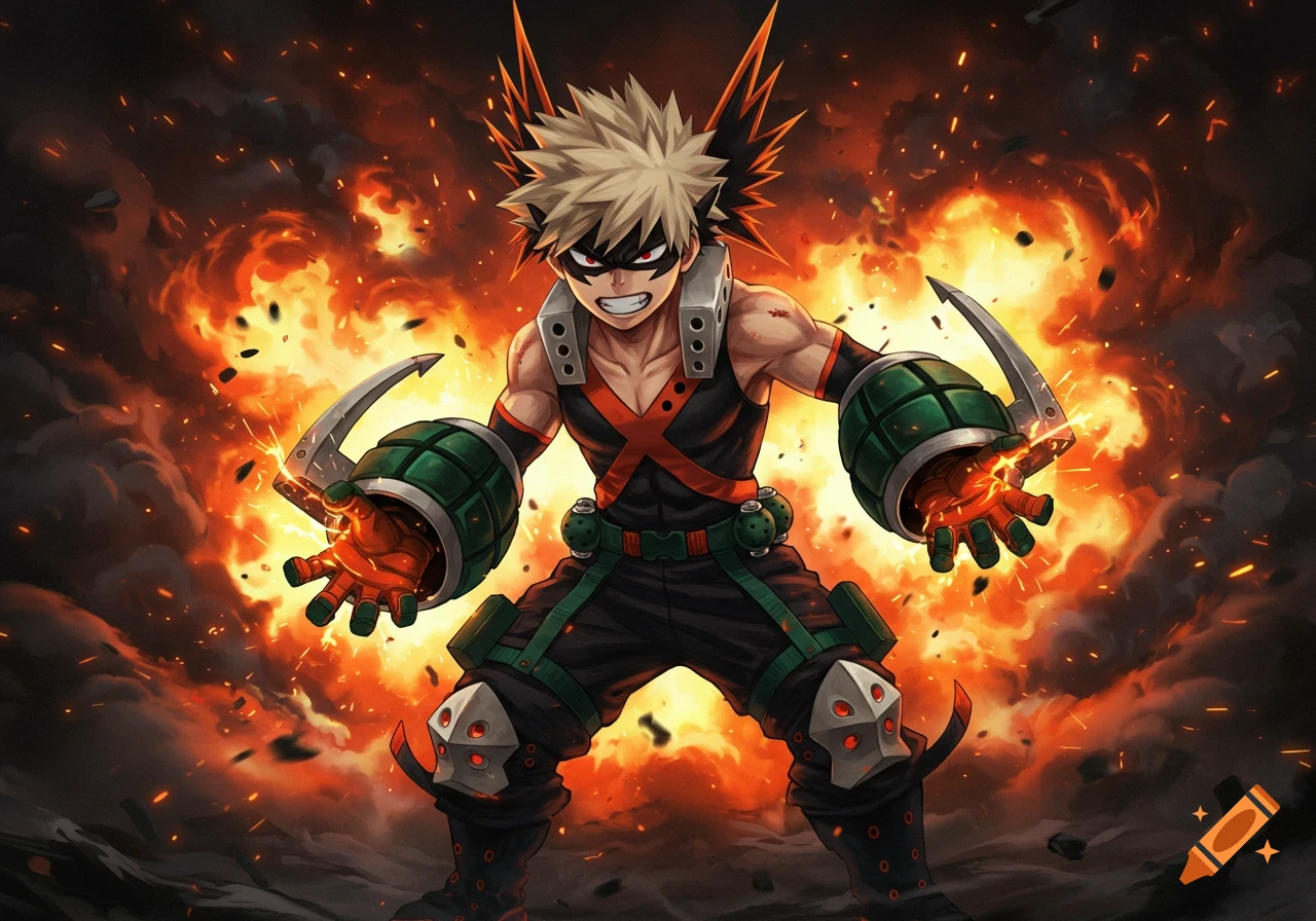 Anime illustration of Katsuki Bakugo in his superhero suit, standing amidst fiery explosions, with an aggressive expression.