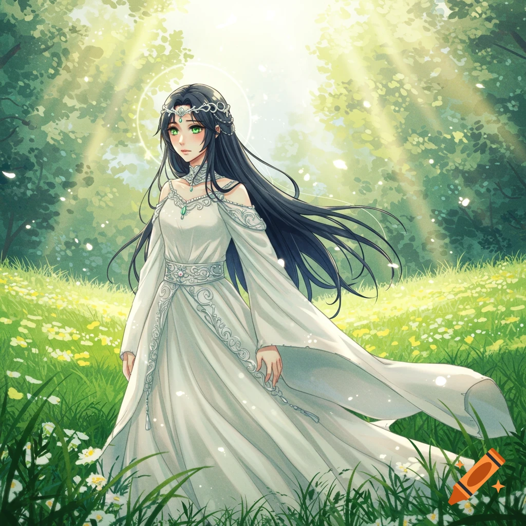 Anime woman with long dark hair and green eyes in a white dress and tiara, standing in a sunny forest field with flowers.