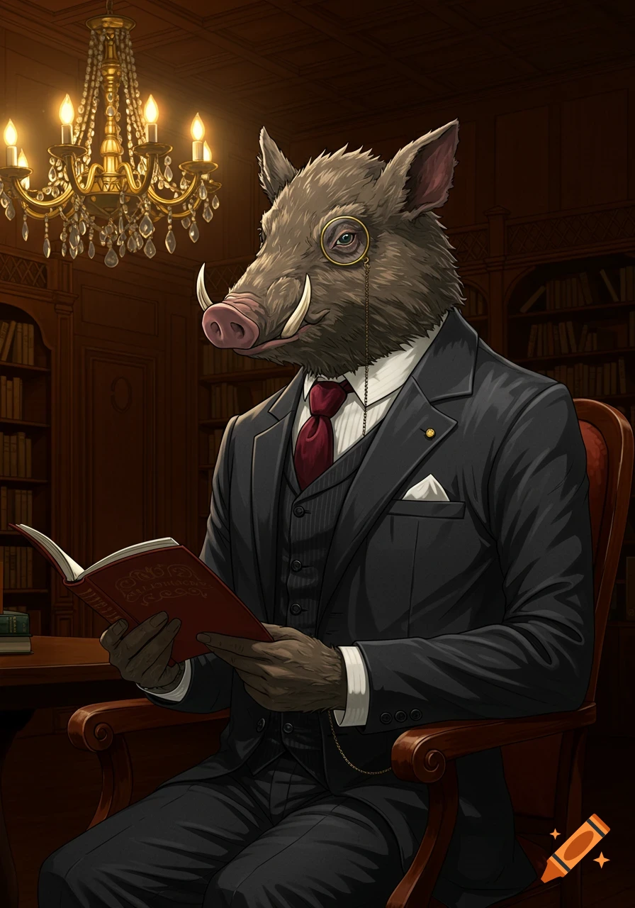 A civilized boar-headed human in a suit and monocle sits in a library armchair, reading a book under a chandelier, in an anime style.