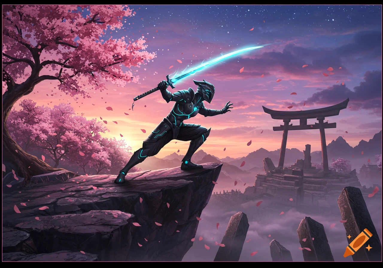 Anime warrior in black armor with glowing sword on a cliff with cherry blossoms and a torii gate at sunset.