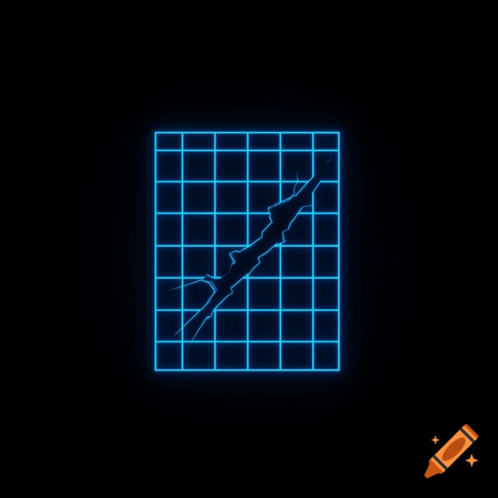 Minimalist blue neon wireframe grid with a jagged crack on a black background.