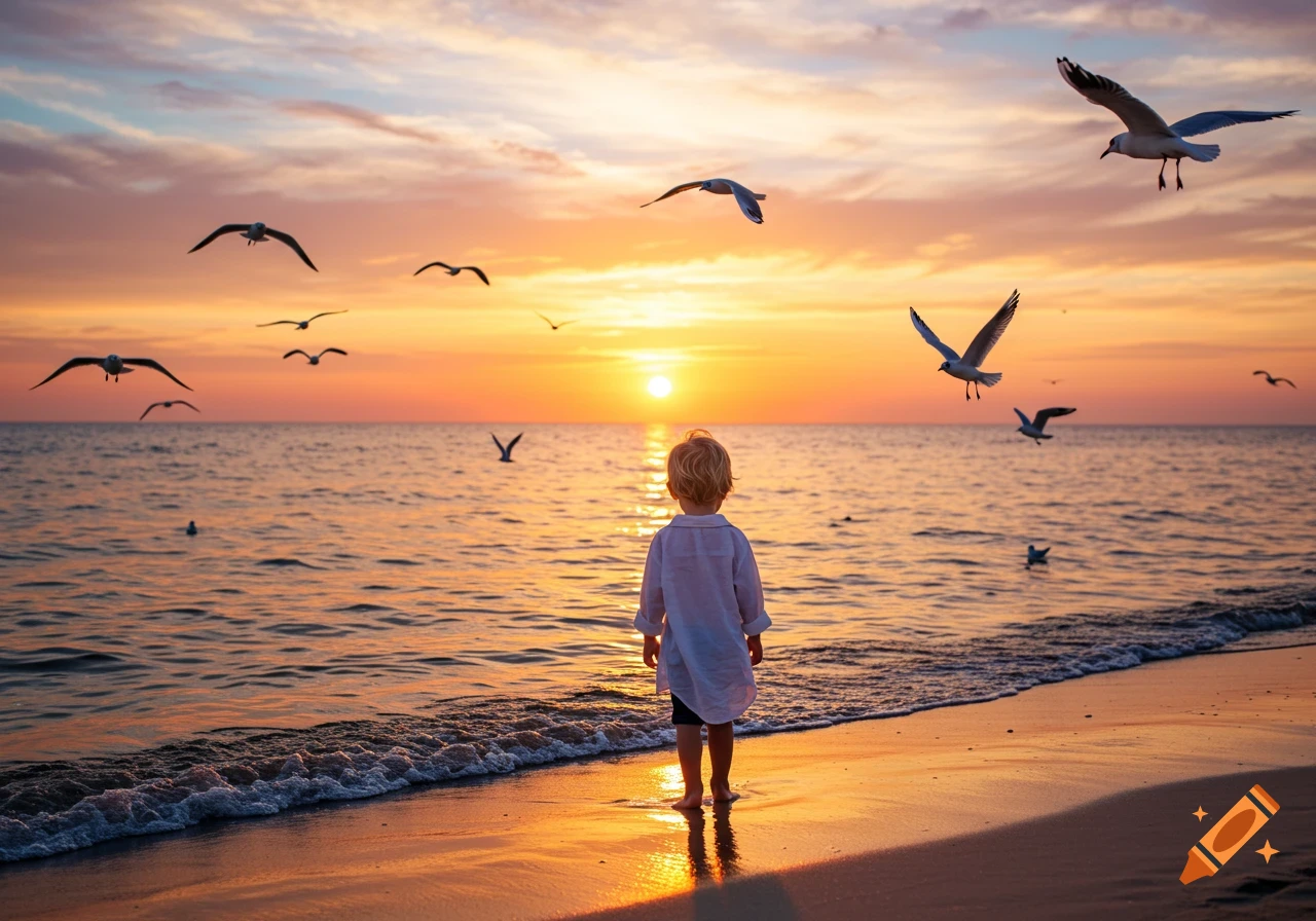A blond child stands on a beach, looking at the ocean with seagulls flying under a vibrant sunset sky.