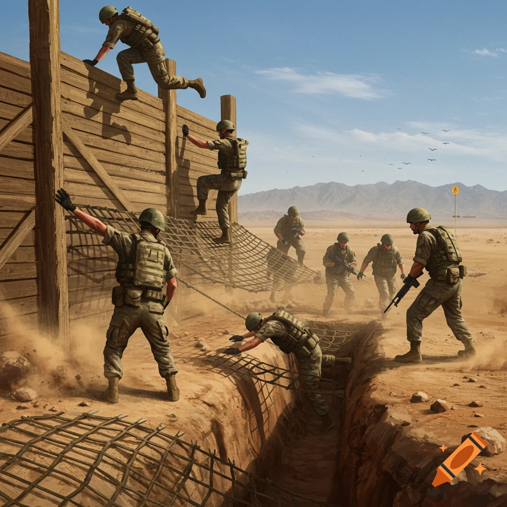 Soldiers navigate an outdoor obstacle course in a desert, climbing a wooden wall, traversing nets, and crossing trenches.