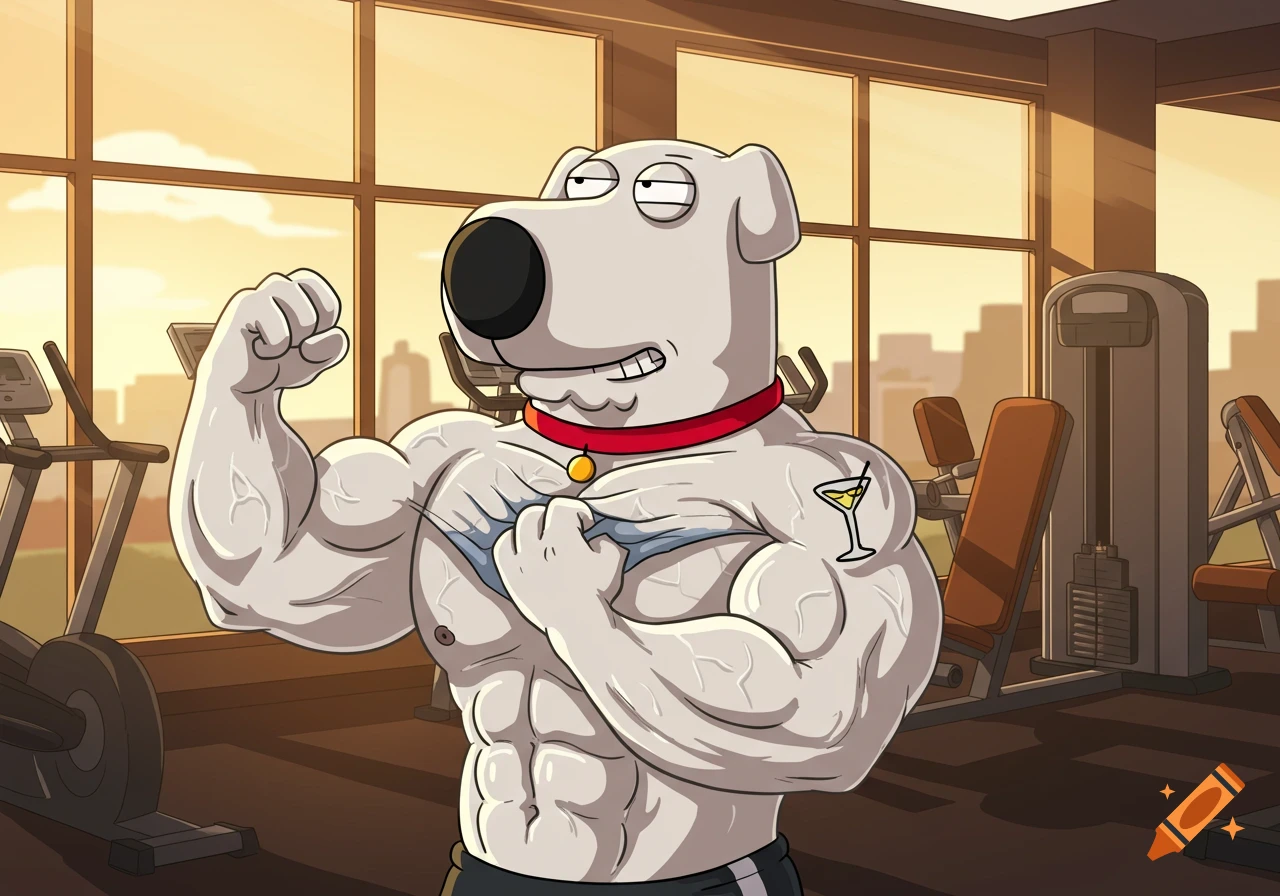 Cartoon depiction of Brian Griffin from Family Guy flexing his large muscles in a gym, with a martini glass tattoo on his bicep.