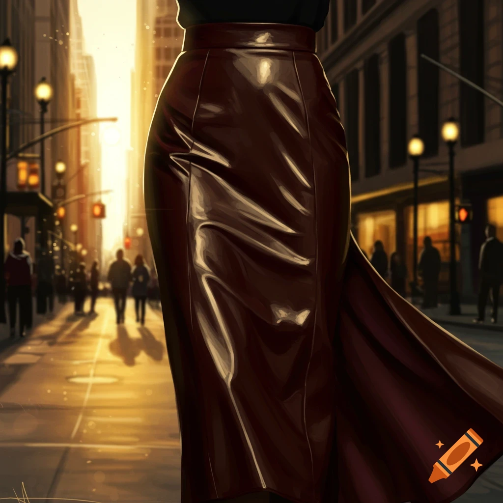 Close-up of a person wearing a shiny dark red leather skirt on a sunlit city street.