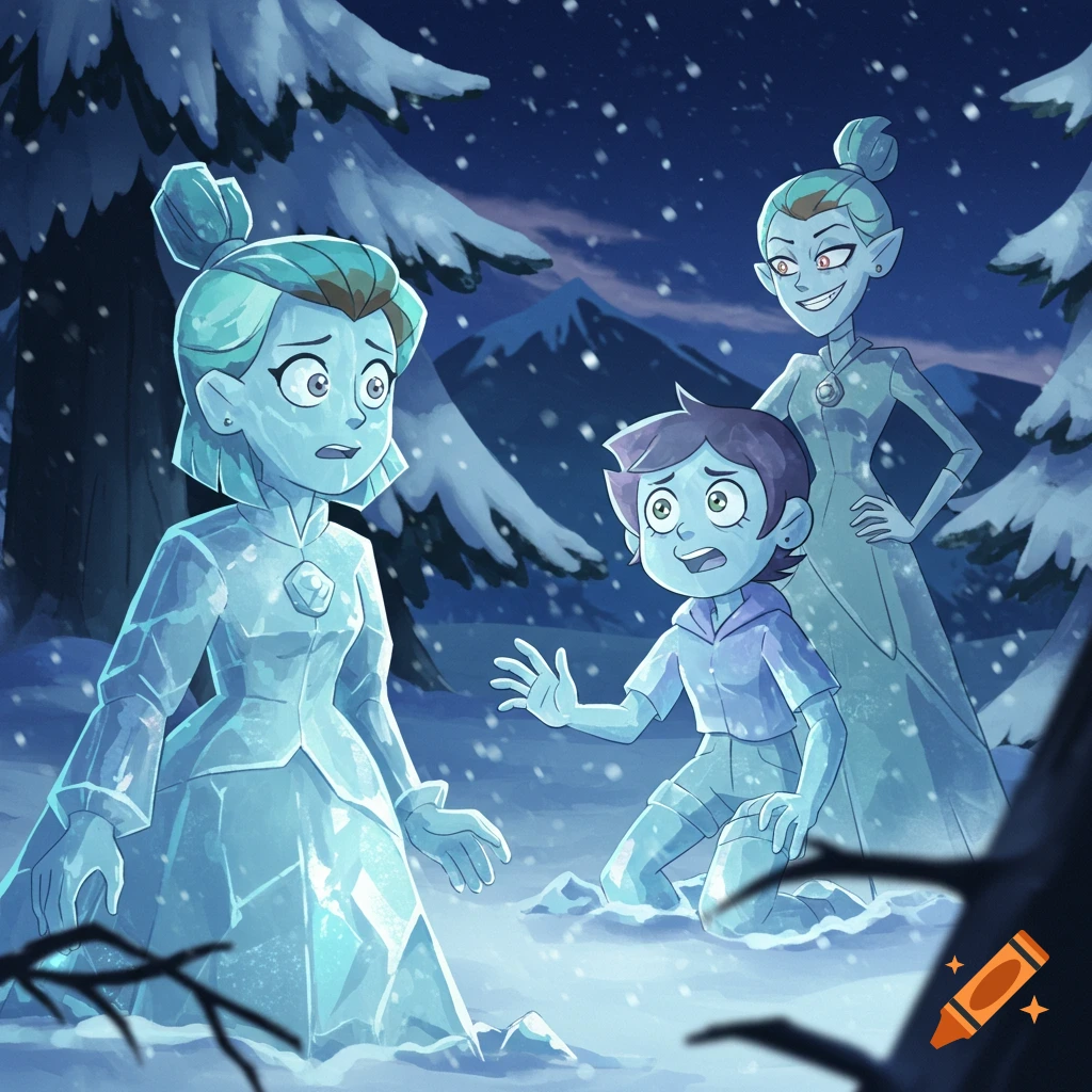 Two cartoon characters, Luz and Amity, are frozen in ice statues, looking surprised in a snowy forest, while Boscha smirks behind them.