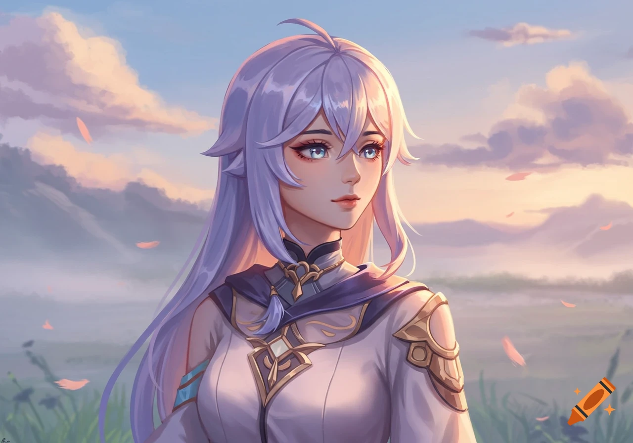 Anime girl with long light purple hair and blue eyes, wearing a white and gold fantasy outfit, standing in a field under a sunset sky.