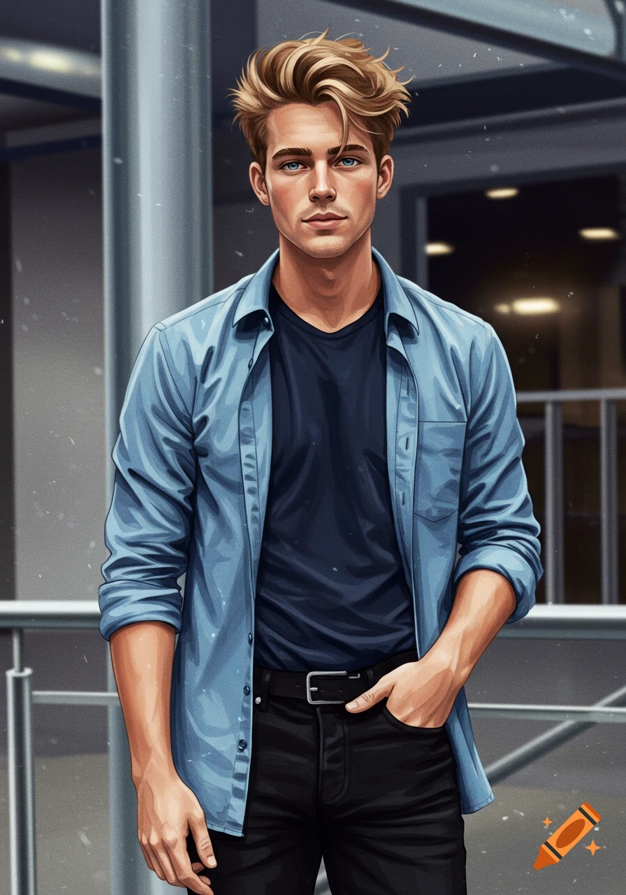 Digital illustration of a young man with blond hair and blue eyes, wearing a blue open shirt over a black t-shirt and black jeans.