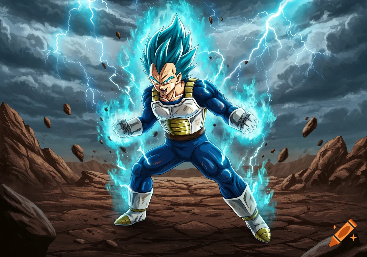 Vegeta in Super Saiyan Blue form, surrounded by vibrant blue energy and lightning, stands ready for battle in a desolate landscape under a stormy sky.