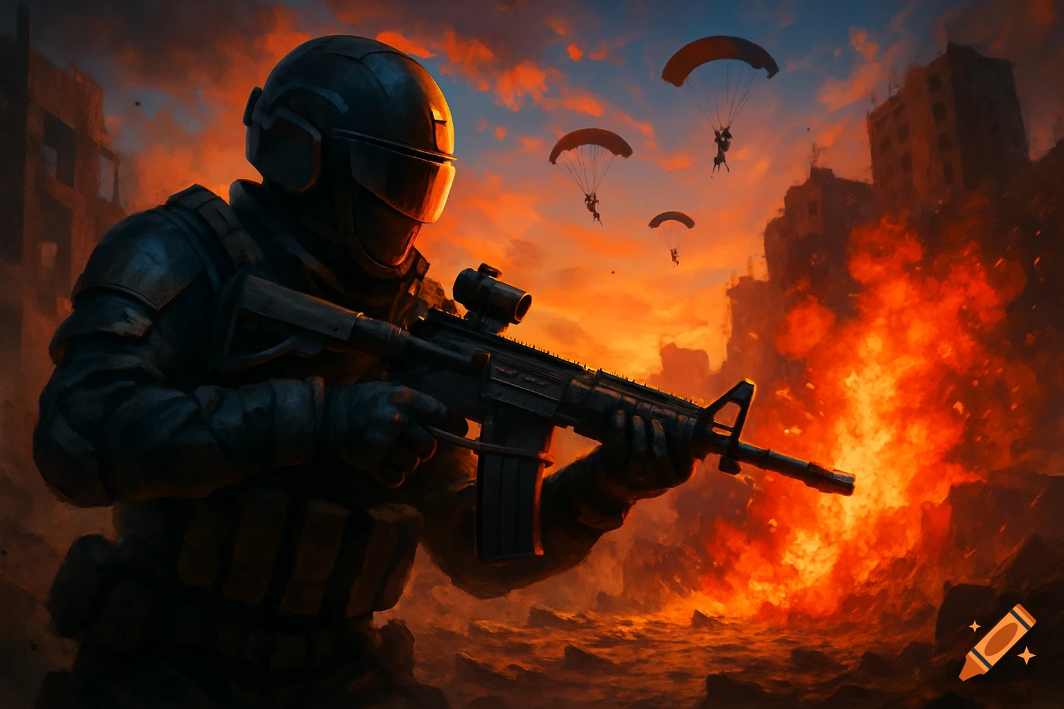 A soldier in tactical gear holds a rifle in a fiery, war-torn city with paratroopers descending from an orange sky.
