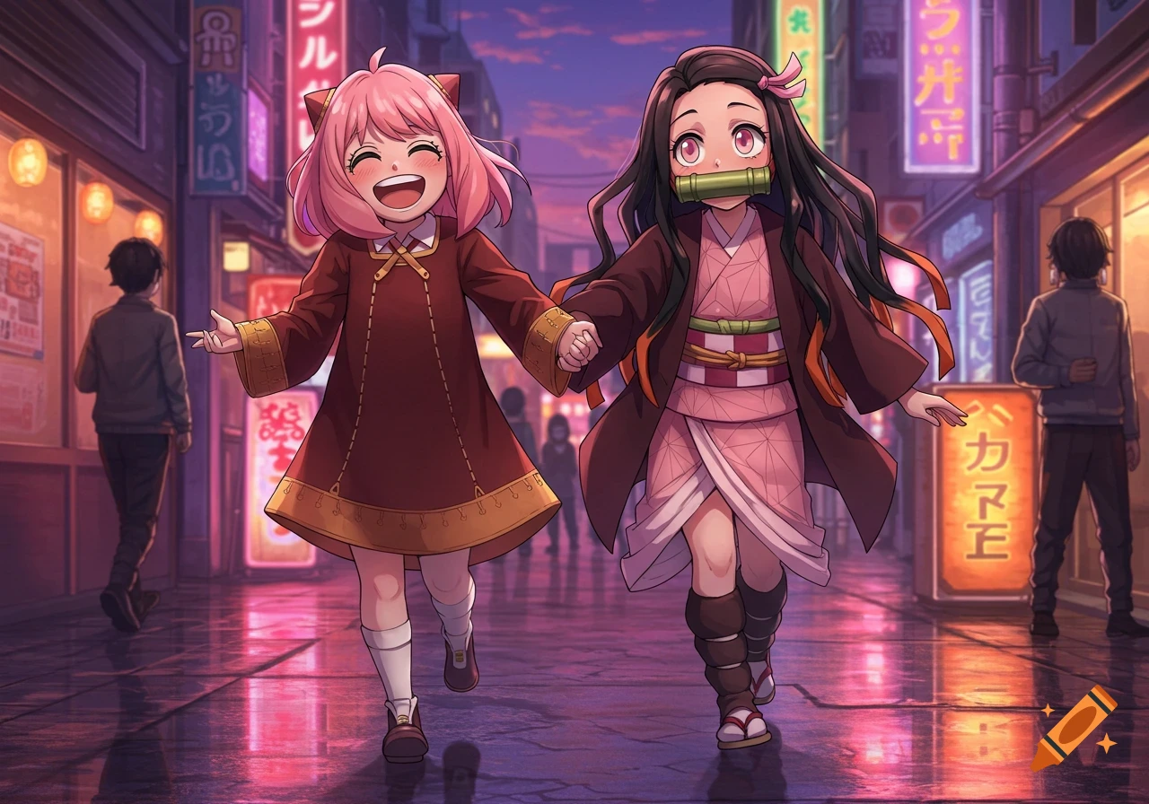 Anya Forger and Nezuko Kamado run hand-in-hand down a vibrant, neon-lit street at dusk.