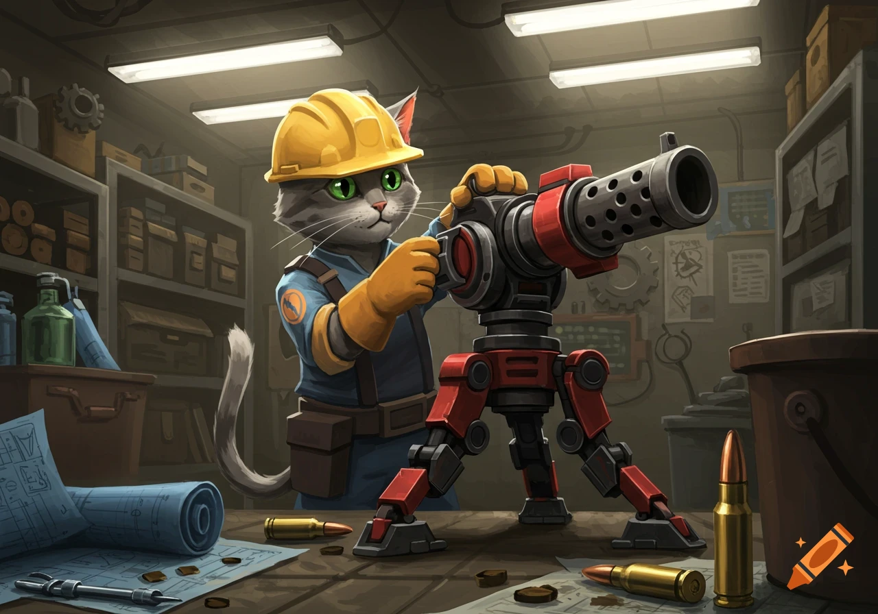 A cartoon gray cat wearing a yellow hard hat and work gloves builds an automated turret in a workshop, with blueprints and bullets on the table.