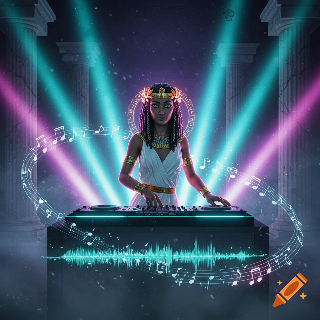 A stylized image of Cleopatra as a DJ, wearing a white gown and ancient Egyptian jewelry, mixing on a modern DJ deck with neon lights and musical notes swirling around her. Pillars stand in the background.
