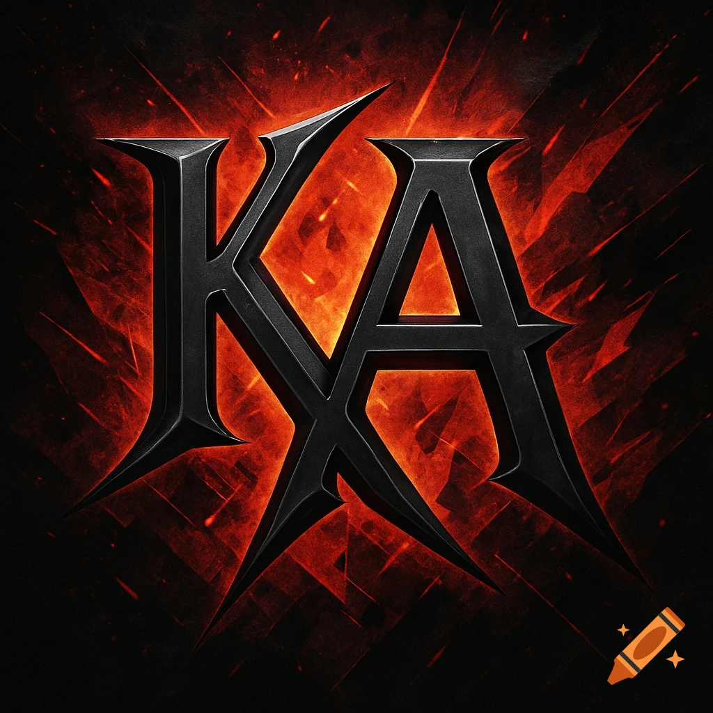 Dark, stylized metallic letters K and A against a fiery red and orange background with sparks.